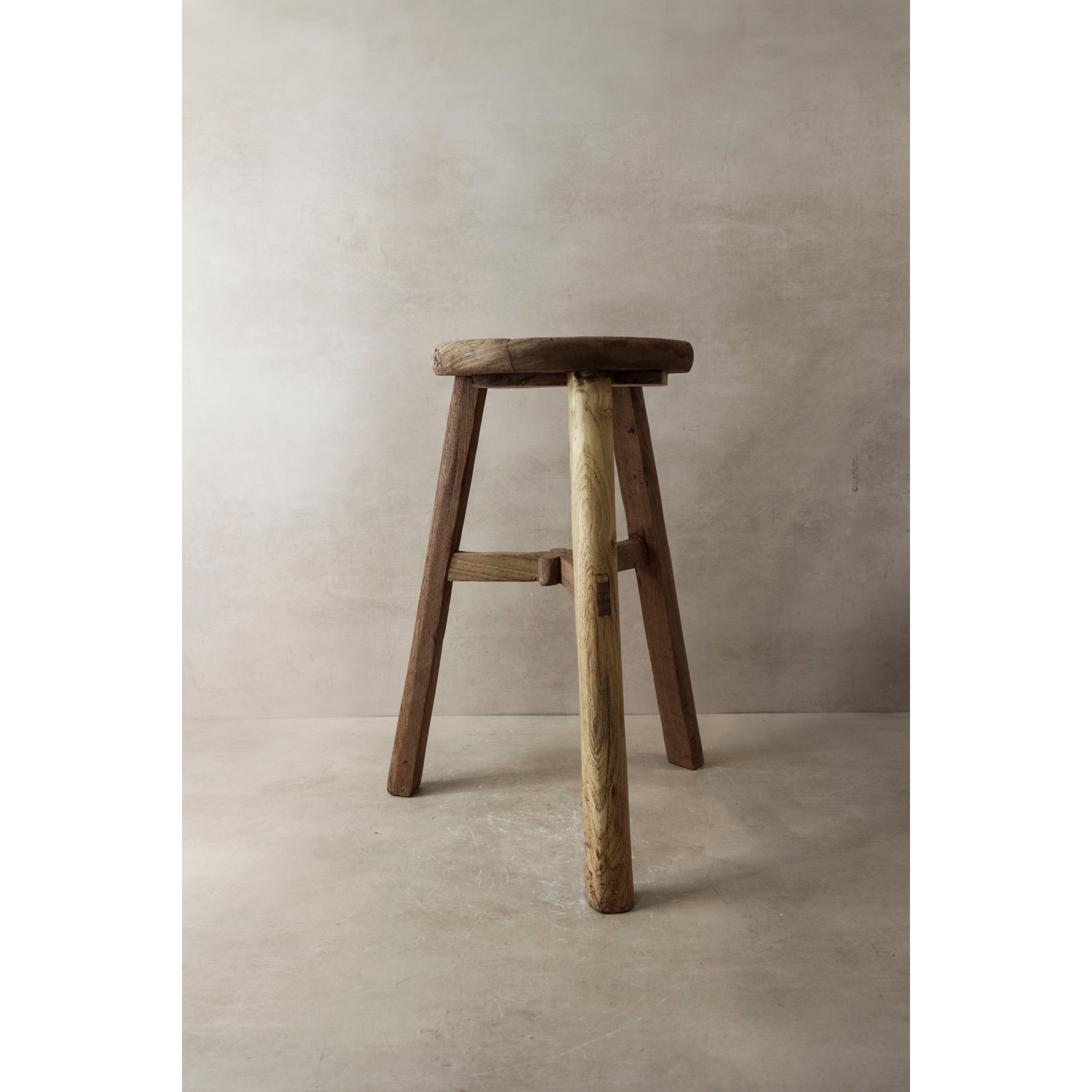 Taburete rústico vintage de madera de olmo - Redondo - No 1