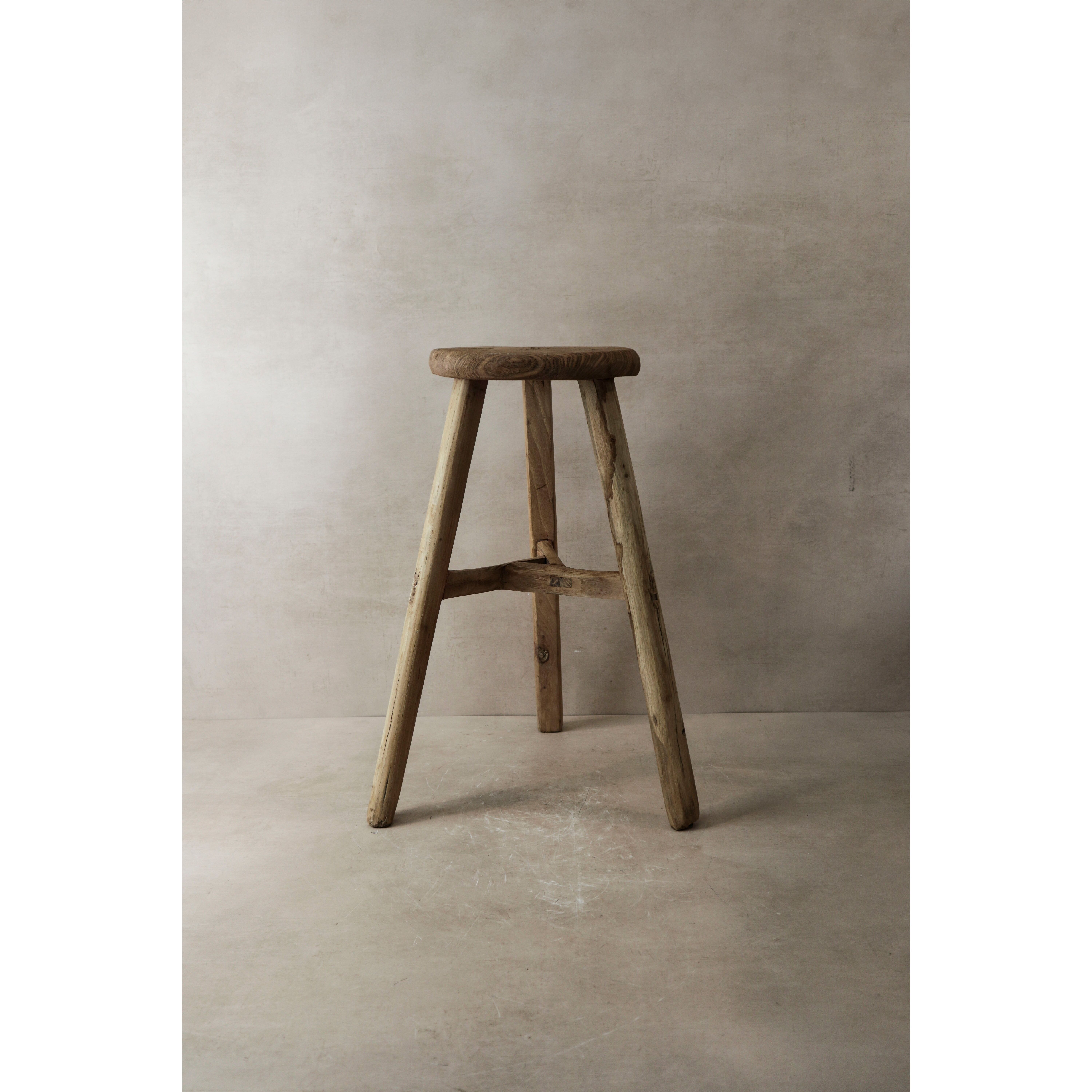 Taburete rústico vintage de madera de olmo - Redondo - No 2