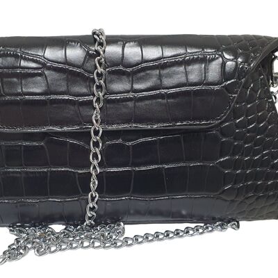 Black croco print leather handbag
