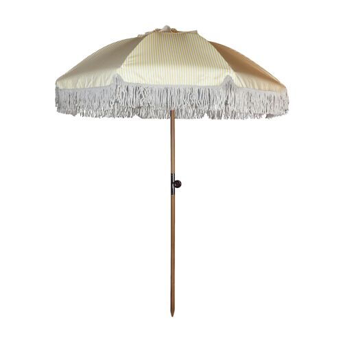 PARASOL EN POLYESTER AVEC RAYURES JAUNE ET BLANC AVEC FRANGES DIAM 180CM PLAYA