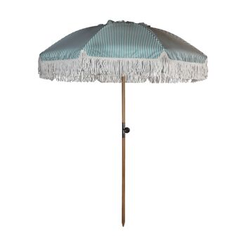 PARASOL EN POLYESTER AVEC RAYURES VERT ET BLANC AVEC FRANGES DIAM 180CM PLAYA 1