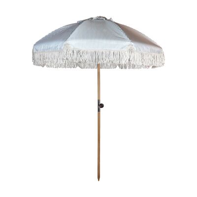 PARASOL EN POLYESTER AVEC RAYURES BLEU ET BLANC AVEC FRANGES DIAM 180CM PLAYA