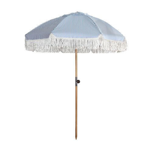 PARASOL EN POLYESTER AVEC RAYURES BLEU ET BLANC AVEC FRANGES DIAM 180CM PLAYA