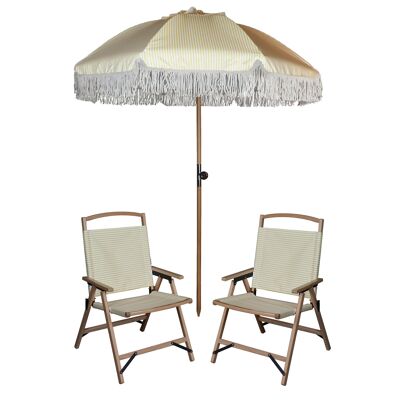 PARASOL SET + 2 BEACH CHAIRS IN YELLOW POLYESTER AND PLAYA BEECH WOOD