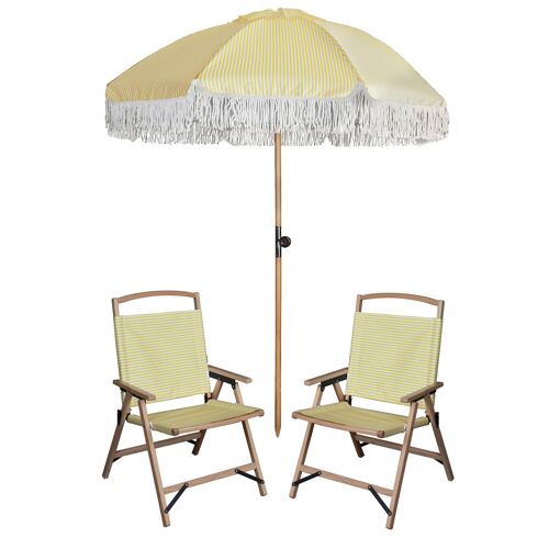 ENSEMBLE PARASOL+2 CHAISES DE PLAGE EN POLYESTER JAUNE ET BOIS DE HËTRE PLAYA