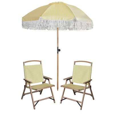PARASOL SET + 2 BEACH CHAIRS IN YELLOW POLYESTER AND PLAYA BEECH WOOD