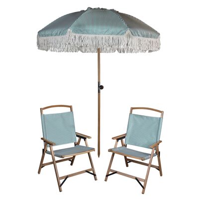 Sonnenschirm-Set + 2 Strandstühle aus Polyester und Buchenholz in Playa Green