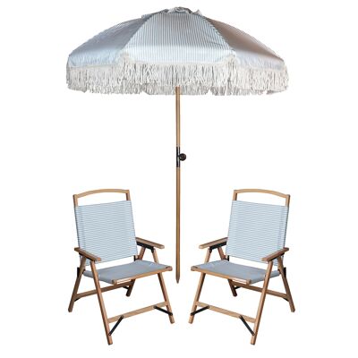 PARASOL SET + 2 PLAYA BLUE POLYESTER AND BEECH WOOD CHAIRS