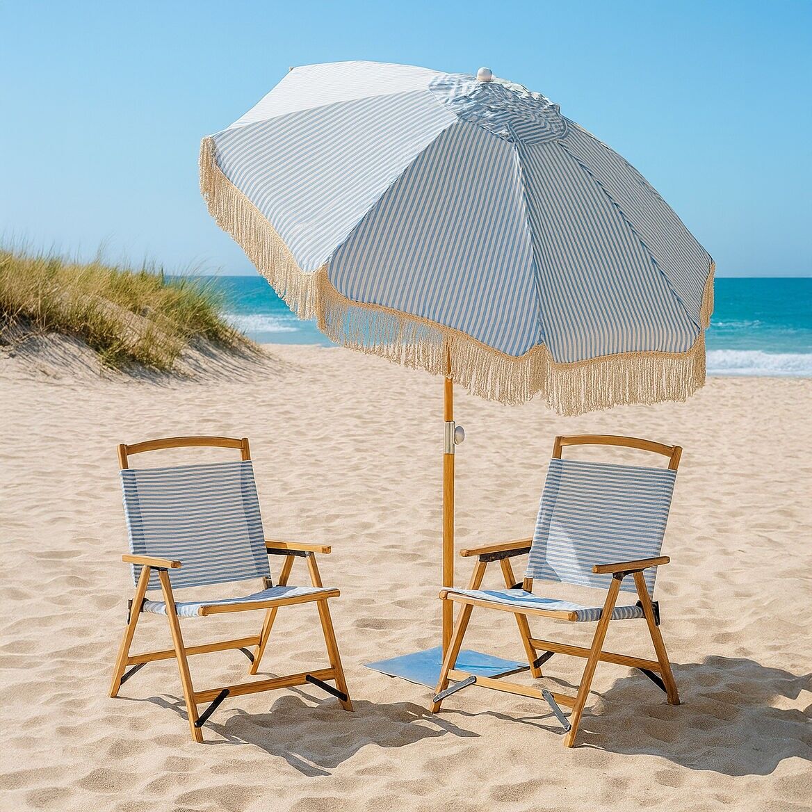 Chaise de plage pliante en bois de hêtre naturel et polyester bleu 55x65x90cm PLAYA