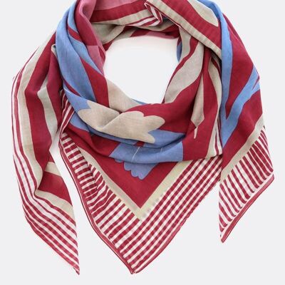 Scarf 100% organic cotton / Three Blossoms - dark red / colorful