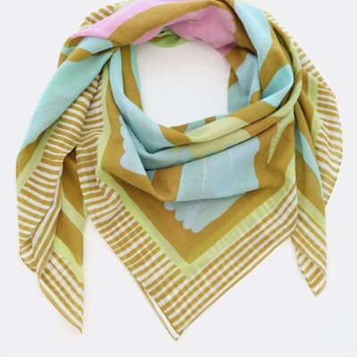 Scarf 100% organic cotton / Three Blossoms - light olive / colorful