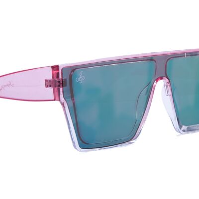 MONTURA CUADRADA EN ROSA CON LENTES DE ESPEJO DE ROSA A VERDE