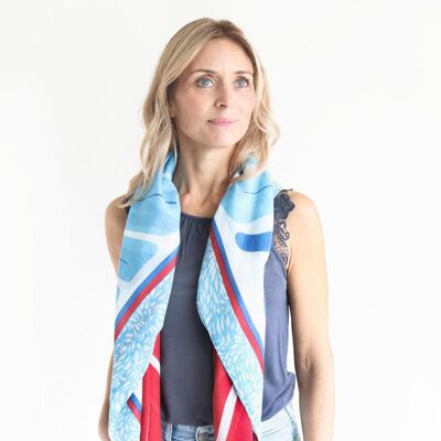 Scarf 100% organic cotton / Curly Flowers - light blue / blue / red