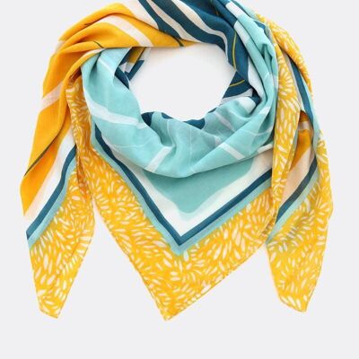 Scarf 100% organic cotton / Curly Flowers - yellow / dark blue / light blue