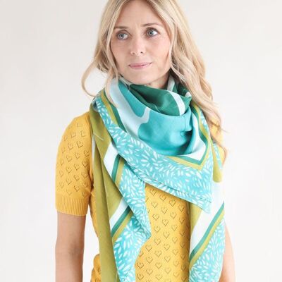 Scarf 100% organic cotton / Curly Flowers - green tones