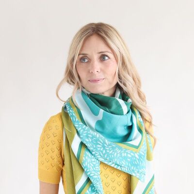 Scarf 100% organic cotton / Curly Flowers - green tones
