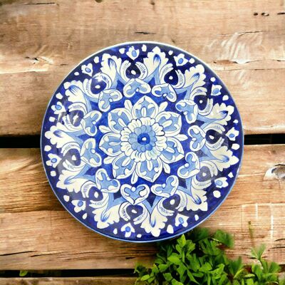 Piatto piano in ceramica blu - Design Mandala