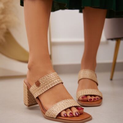 CAMEL RAFFIA MID BLOCK HEEL DOUBLE STRAP MULE SANDALS