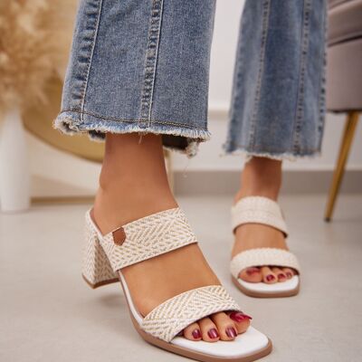 WHITE RAFFIA MID BLOCK HEEL DOUBLE STRAP MULE SANDALS