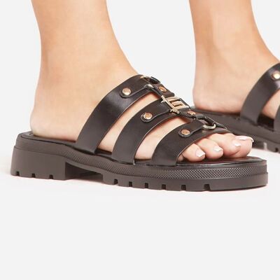 BLACK MULTI STRAP STUD DETAIL CHUNKY FLAT SLIDER SANDAL