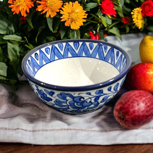 Blue Pottery Serving Bowl - Blue Leaf Triangle Design