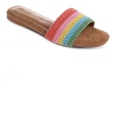 MULTI COLOUR FLAT SLIDER SANDAL WITH RAINBOW KNITTED FRONT STRAP