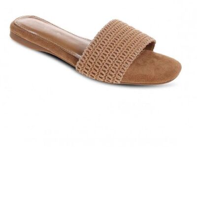 CAMEL FLAT SLIDER SANDAL WITH KNITTED FRONT STRAP