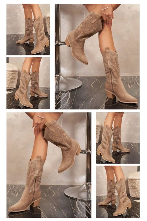 KHAKI EMBROIDED CALF HIGH WESTERN COWBOY BOOTS