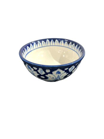 Bol de service en poterie bleue - Design floral blanc 3