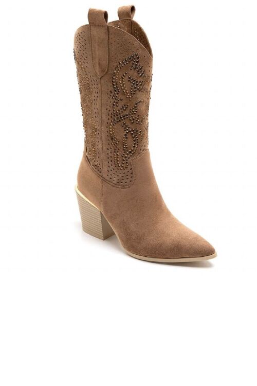 CAMEL EMBROIDED CALF HIGH WESTERN COWBOY BOOTS