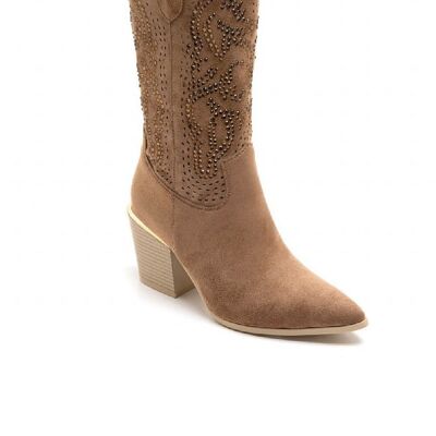 CAMEL EMBROIDED CALF HIGH WESTERN COWBOY BOOTS
