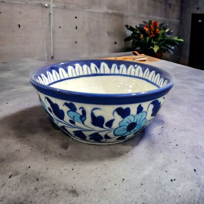 Tazón de servicio de cerámica azul - Diseño de flores azul claro