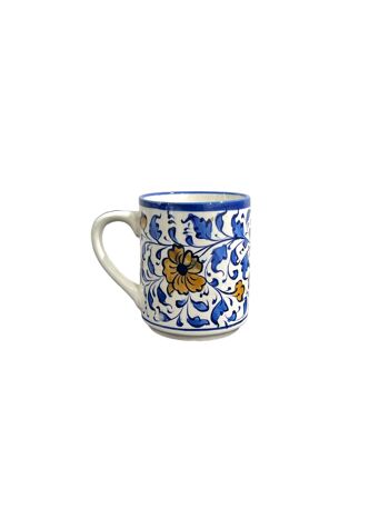 Tasse à café de thé de poterie bleue - conception de fleur jaune 2