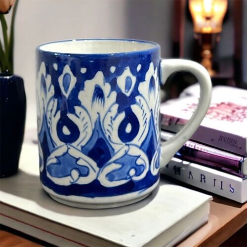 Blue Pottery Tea Coffee Mug - White Floral Design