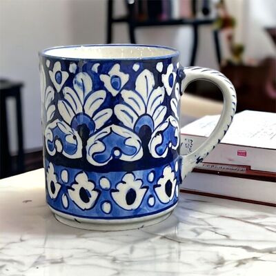 Taza de café y té de cerámica azul - Diseño de plumas de pavo real