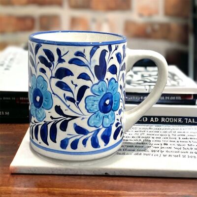 Taza de café y té de cerámica azul - Diseño de flores azul claro