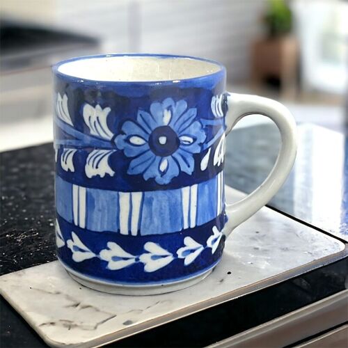 Blue Pottery Tea Coffee Mug - Flowers and Stripes Design