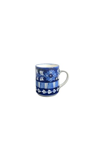 Tasse à café de thé de poterie bleue - conception de fleurs et de rayures 2