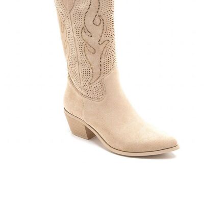 BEIGE EMBROIDED CALF HIGH WESTERN COWBOY BOOTS