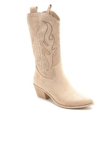 BOTTES COWBOY HIGH WESTERN EN VEAU BRODÉ BEIGE 1