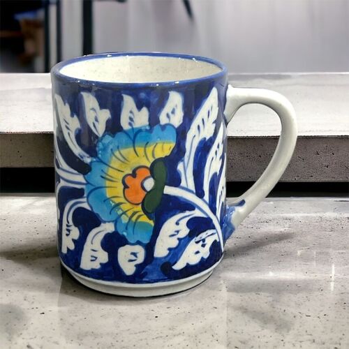 Blue Pottery Tea Coffee Mug - Floral Fan Design