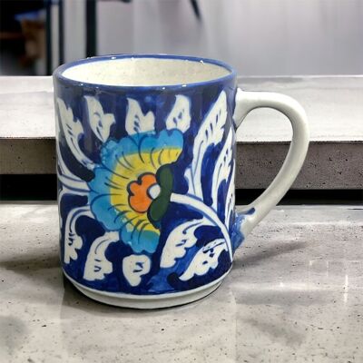 Taza de café y té de cerámica azul - Diseño de abanico floral