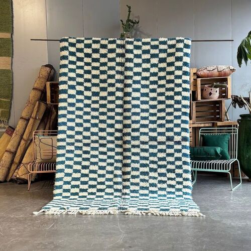 Tapis Marocain Berbere à carreaux damier bleu en Laine