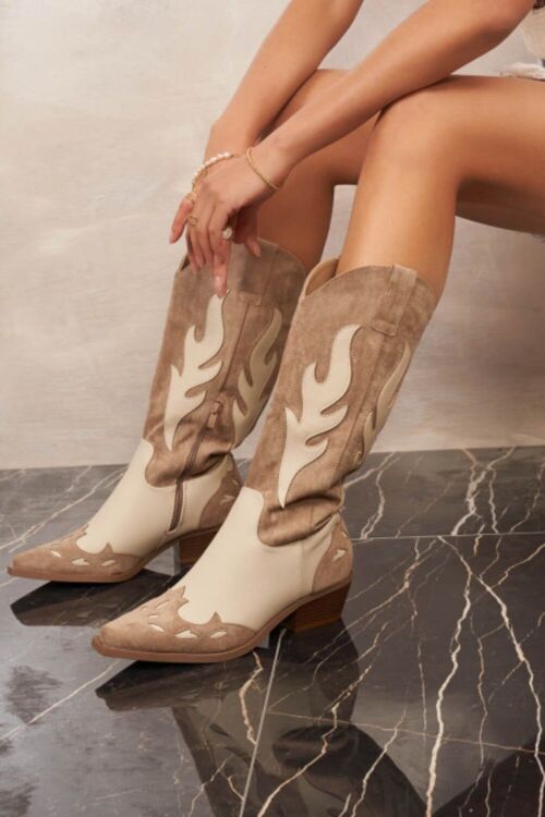 KHAKI EMBROIDED CLASSIC WESTERN COWBOY BOOTS
