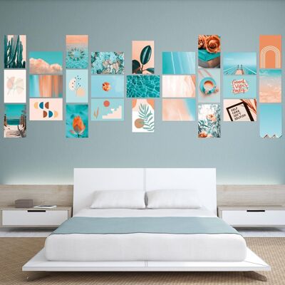 Orange And Teal AesthSetic Wall Collage Stickers Set Girls Room Decor - 30 Pcs