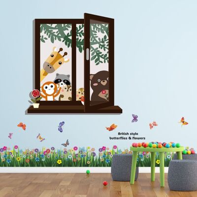 Colourful Window with Animals and Butterfly Grass Wall Sticker Art Decoration Decal DIY