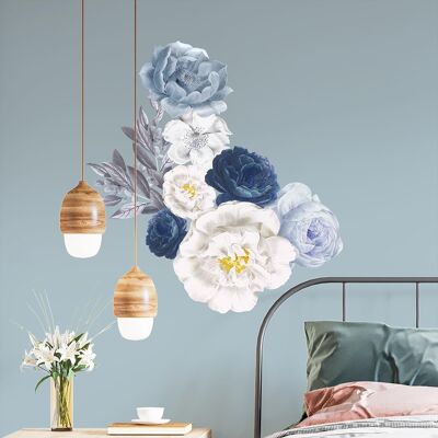 Elegant Blue Watercolour Peonies Wall Stickers Art Decals Mural Wallpaper Home Décor