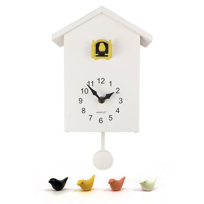 White Cuckoo - Yellow Window Minimalistic Wall Clock Cuckoo for Bedroom and Living Room Home Decor