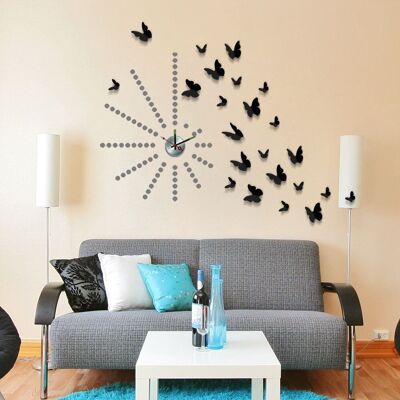 Silver Dot 3D Butterfly Wall Clock Black Living Room, Bedroom and Offices Home Décor