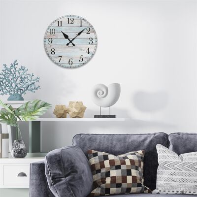 Blue And White Oak Effect Wall Clock for Living Room, Bedroom and Offices Home Decor